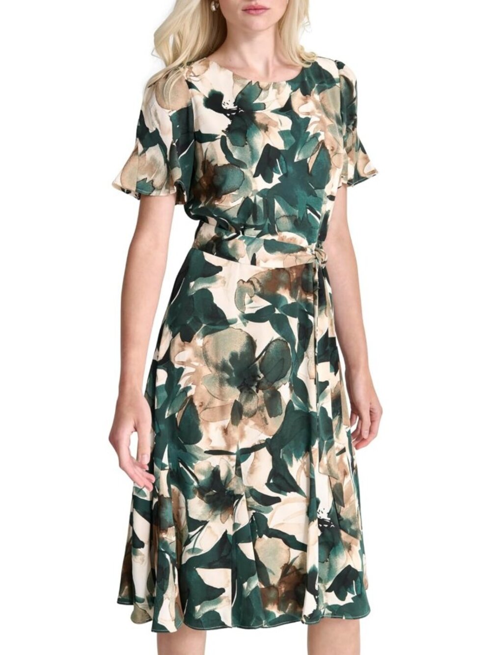 Flutter Sleeve Round Neck Midi Dress with Waist Tie - Chic Women's Fashion